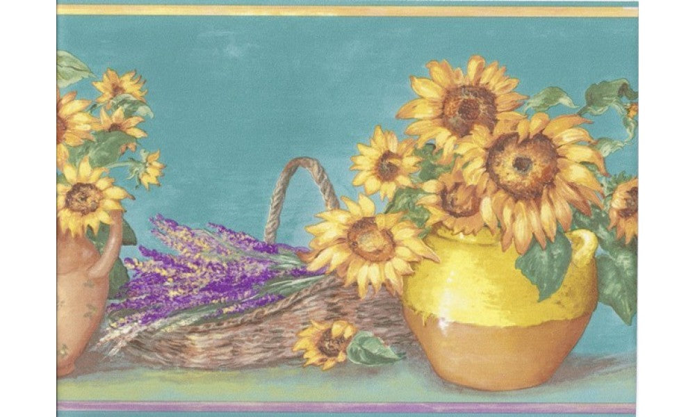 Light Blue Yellow Sunflower Pots KC78060 Wallpaper Border