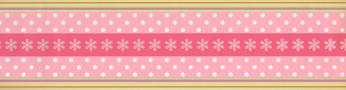 Pink Flowers on Red White Polka Dot CK7720B Wallpaper Border