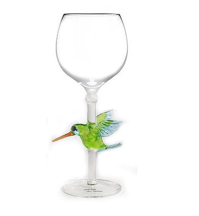 Green Hummingbird  Hand Blown Wine Glass