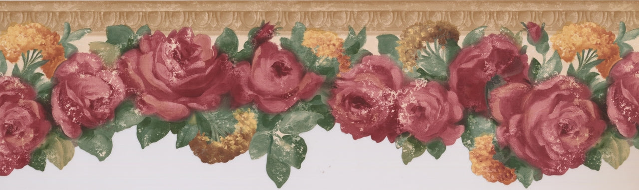 TRIMZ Cabbage Red Roses Floral Wallpaper Border - 15 Ft X 9.25 In, Pre-Pasted Vinyl, Green