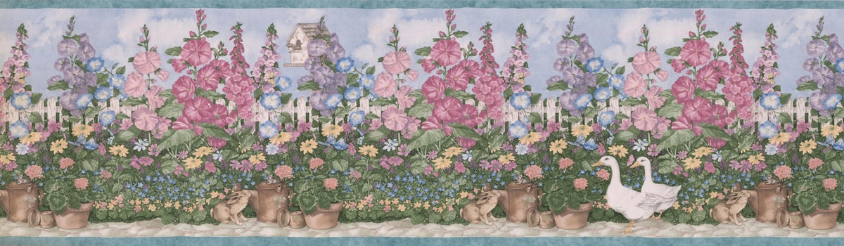 Village Garden Blue Pink SMB5236 Wallpaper Border