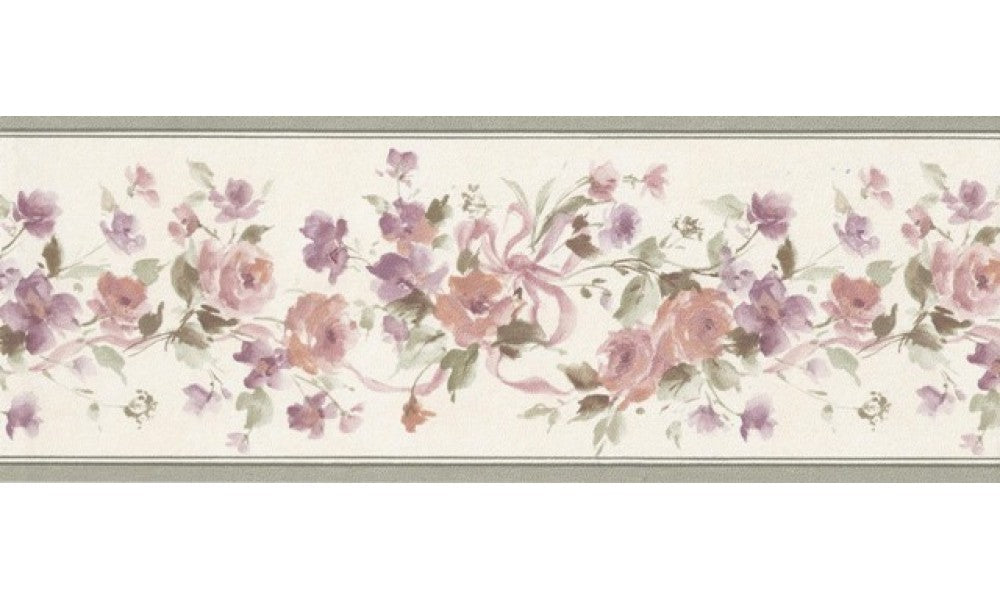 Olive Beige Floral Ribbons PP76583 Wallpaper Border