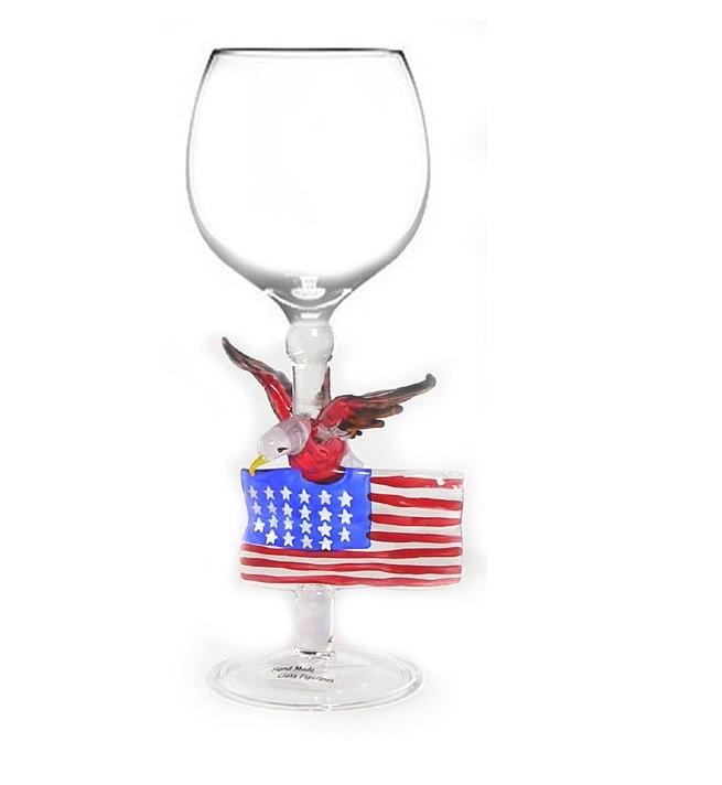 Red Eagle / Amer. Flag Hand Blown Wine Glass