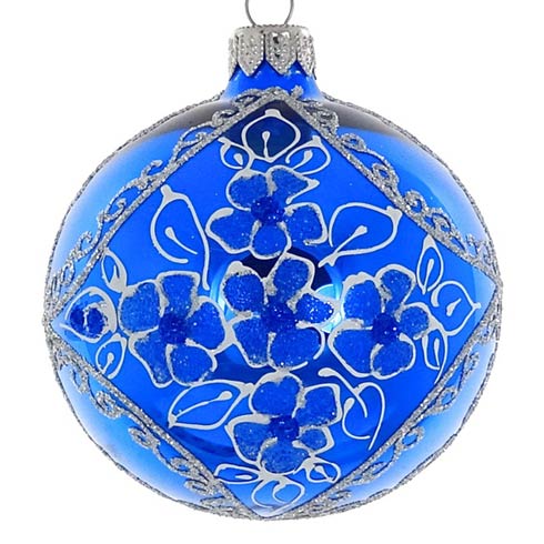Soft Blue Mouth Blown Hand Decorated Round Holiday Ornament