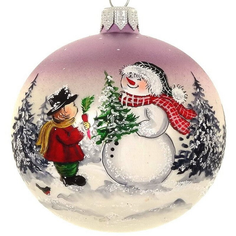 Hand Painted Snowman &amp; Boy Mouth Blown Holiday Ornament