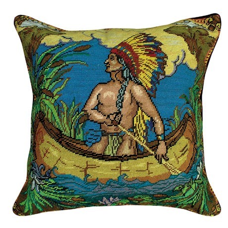 Indian in Canoe 20x20 Needlepoint Pillow