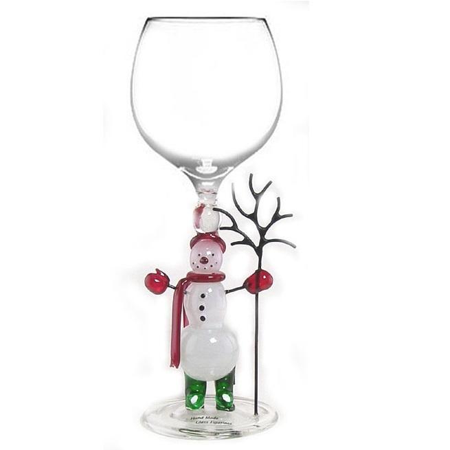 Red Snowman Hand Blown Wine Glass - Glassware