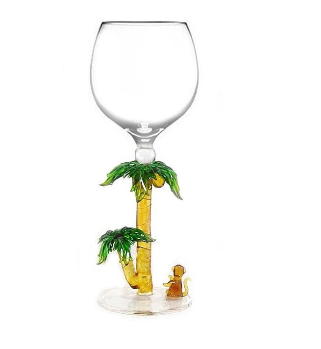 Green Palm tree w/ monkey Hand Blown Wine Glass