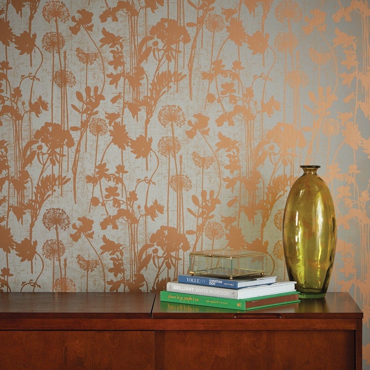 Distressed Floral Grey Metallic Copper DI532 Self-Adhesive Wallpaper