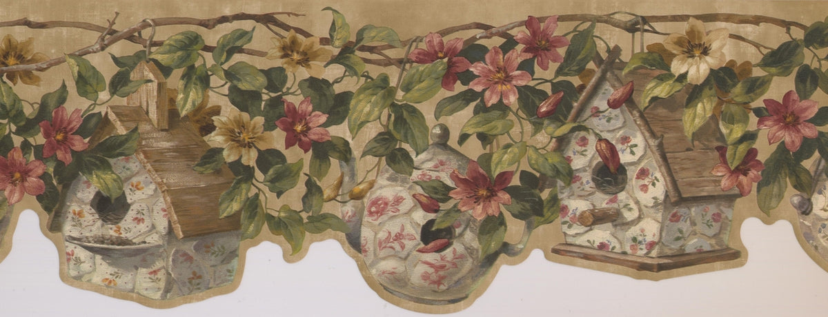 Porcelain Birdhouse on the Vine Yellow Flowers FFM10003B Wallpaper Border