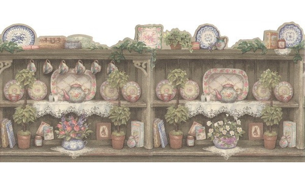 Taupe Scalloped China Dishes HH30284 Wallpaper Border