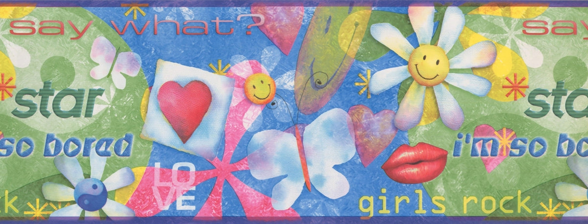Funny Sun Butterfly Lips Heart Blue Green ISB4001B Wallpaper Border