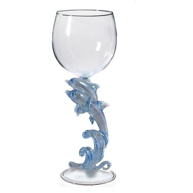 Soft Blue Two Dolphins Hand Blown Wine Glass