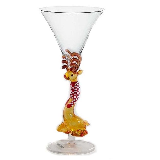 Red Orange Reindeer Hand Blown Wine Glass