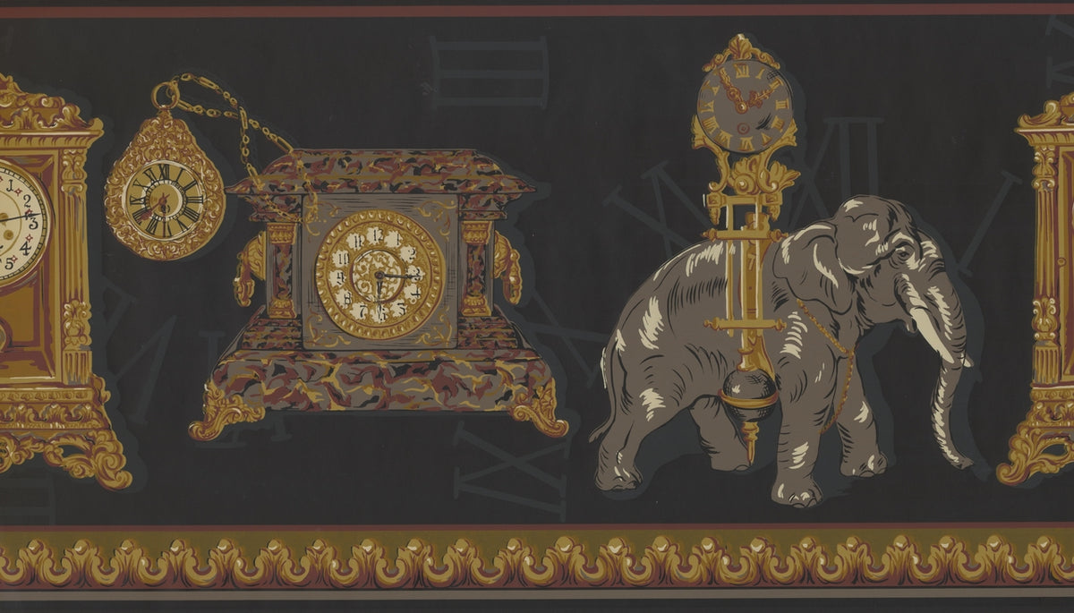 Antique Clocks Elephant Charcoal Grey Extra Wide HG9201B Wallpaper Border