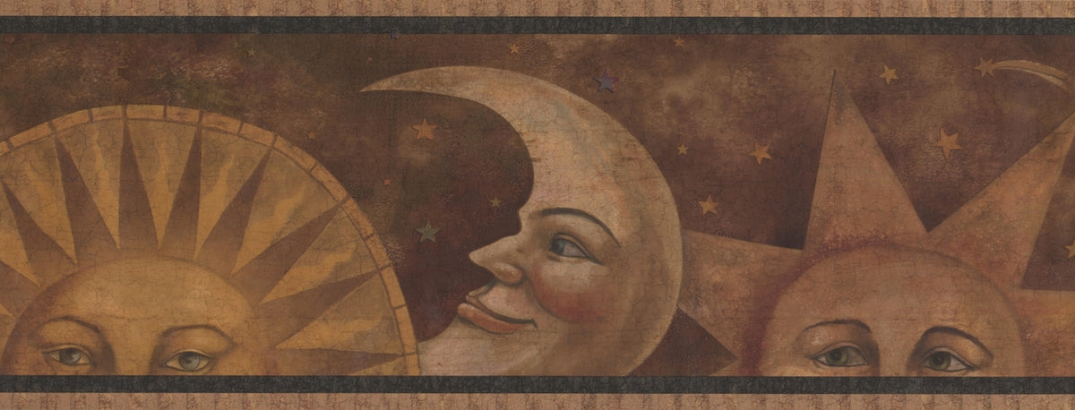 Beige Smiling Sun Moon Stars Dark Reddish HS3074B Wallpaper Border