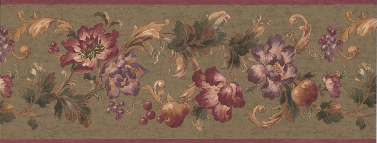 Violet Flowers Apples Berries on Vine Sage Green HV6063B Wallpaper Border