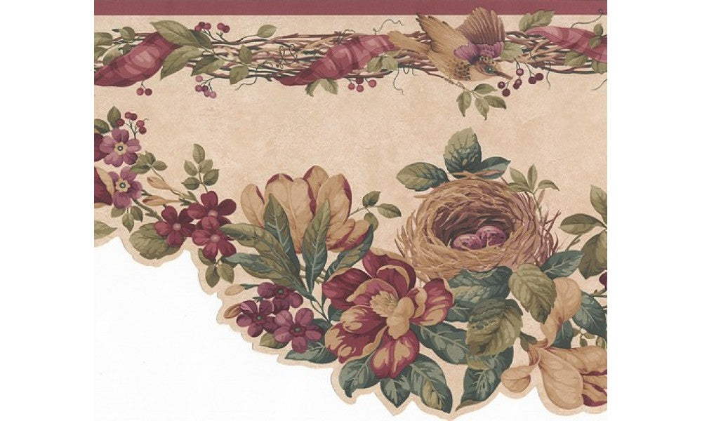 Red Bird Nest And Flowers KB102981 Wallpaper Border