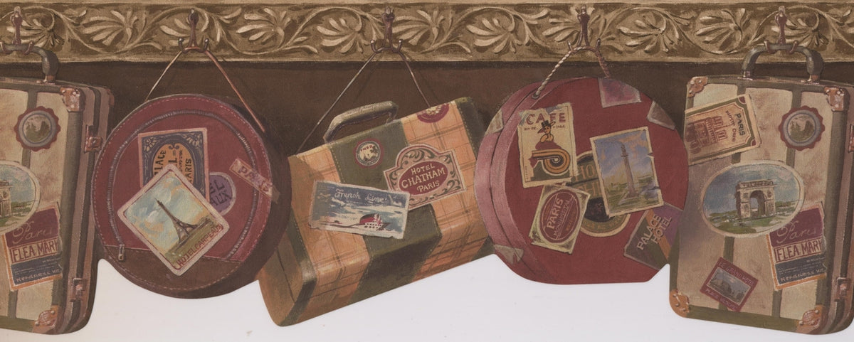 Vintage Suitcases Bags on Hooks Pine Green FFM10063B Wallpaper Border