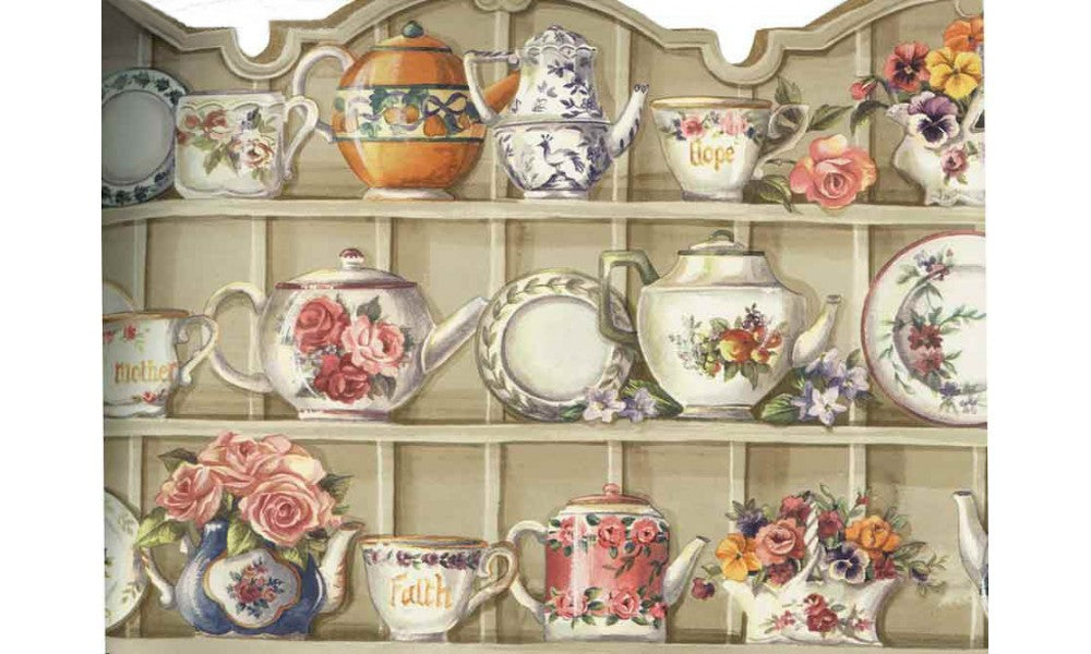 White Cups and Saucer Cupboard HH90221 Wallpaper Border