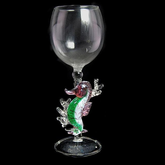 Green Seahorse w/ coral Hand Blown Wine Glass