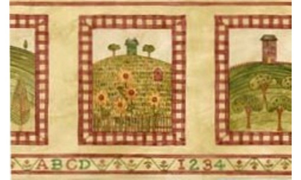 Cream Red Farm House Squares BT77726 Wallpaper Border