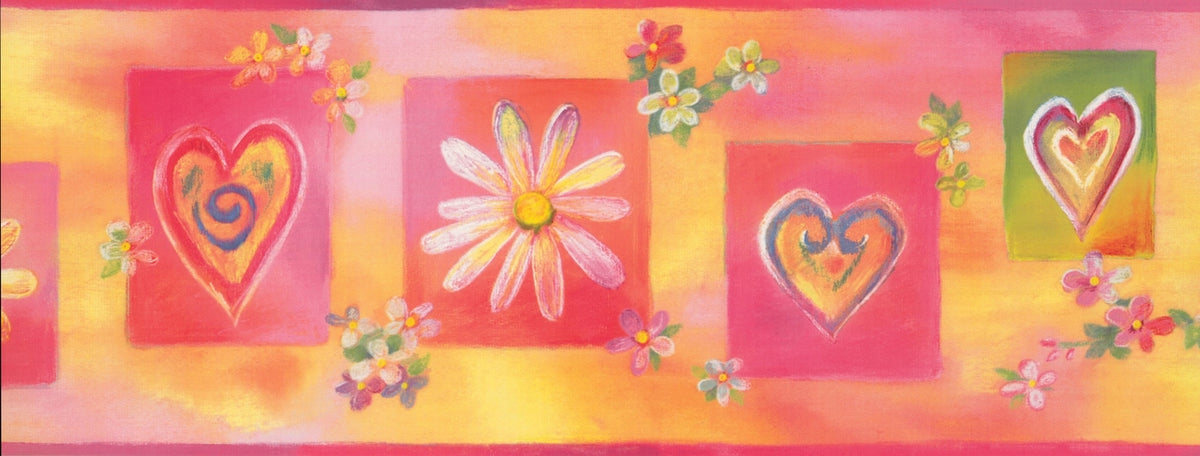 Whimisical Wall Hearts and Flowers WK9091B Wallpaper Border