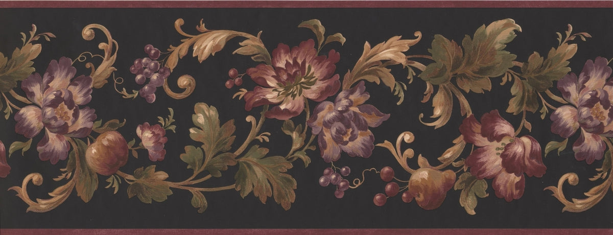 Violet Flowers Apples Berries on Vine Black HV6064B Wallpaper Border