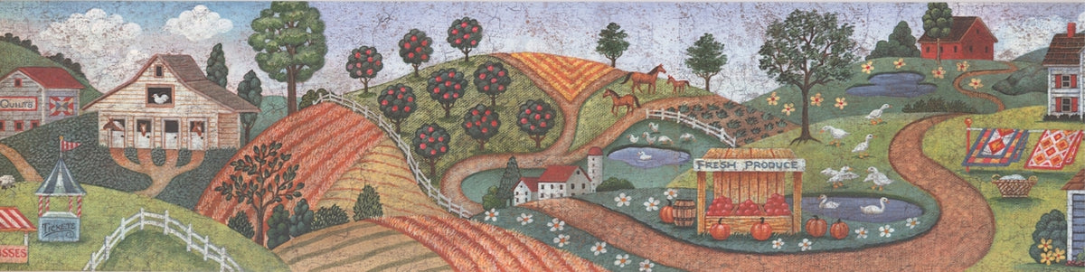 Retro Village Horses Apple Blue BB3006C Wallpaper Border