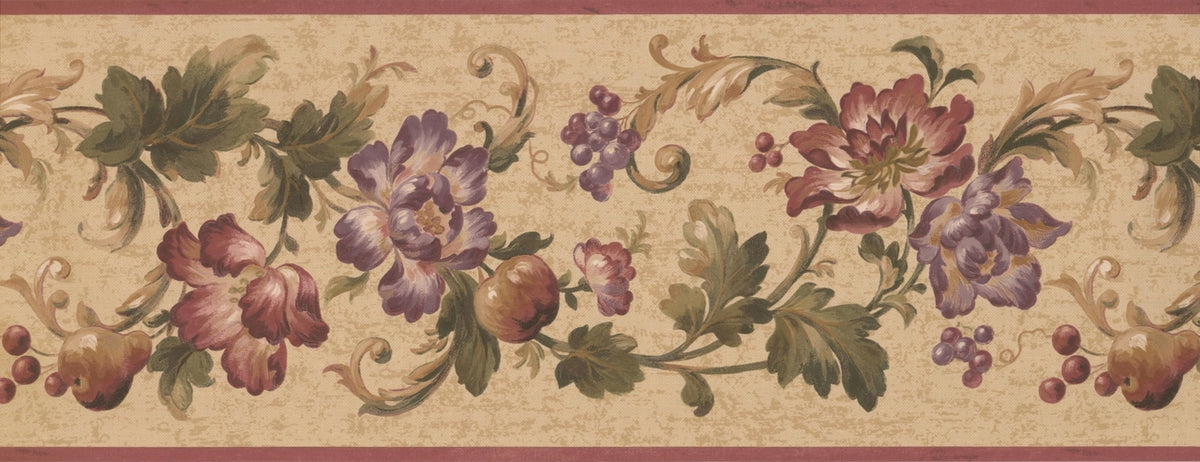 Purple Flowers Apples Berries Damask Vine Beige HV6061B Wallpaper Border