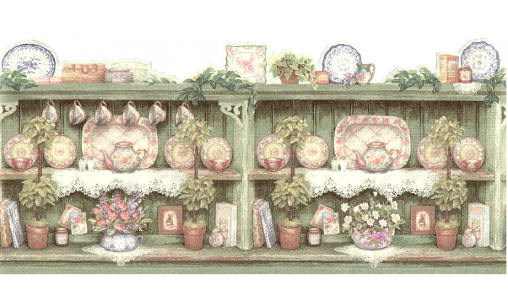 Green Scalloped China Dishes HH30281 Wallpaper Border