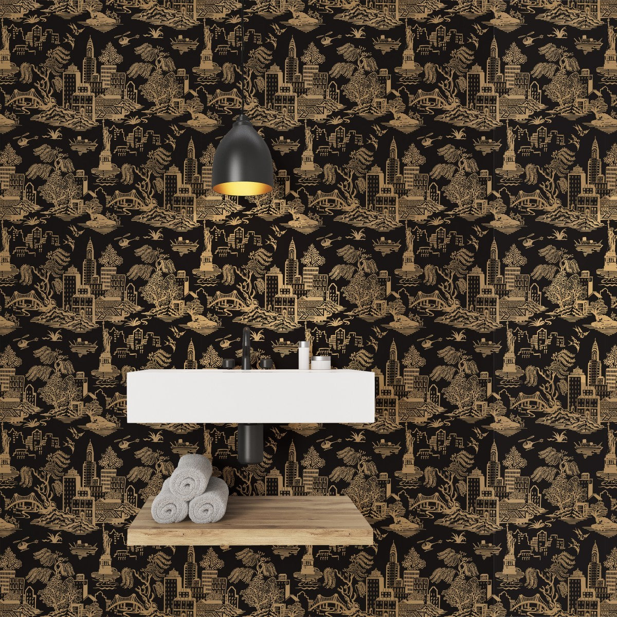New York Toile Black Metallic Gold GO486 Self-Adhesive Wallpaper