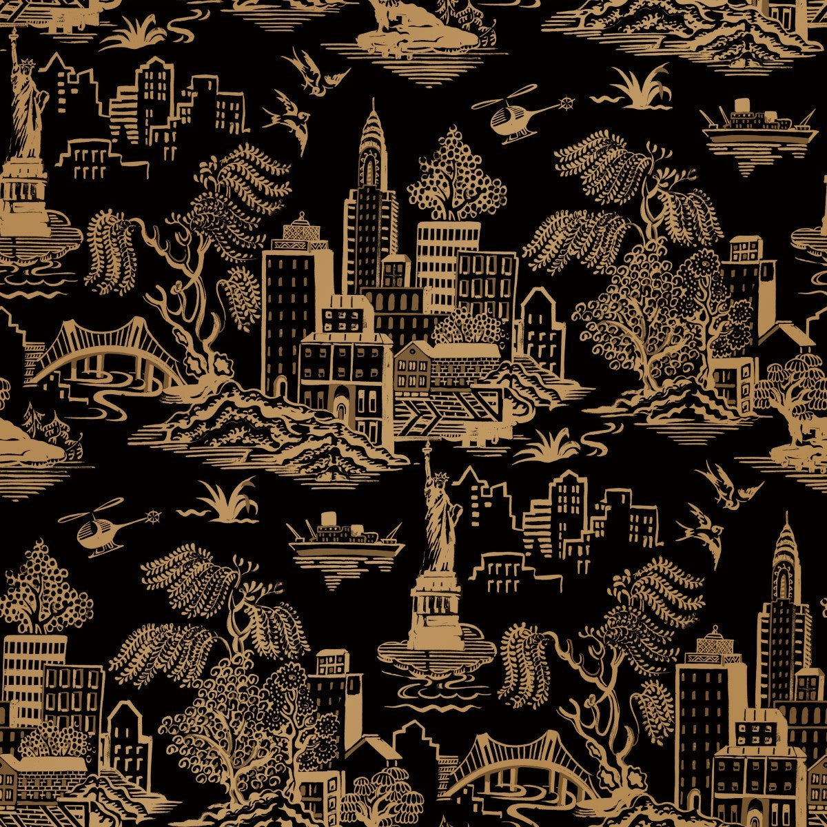 New York Toile Black Metallic Gold GO486 Self-Adhesive Wallpaper