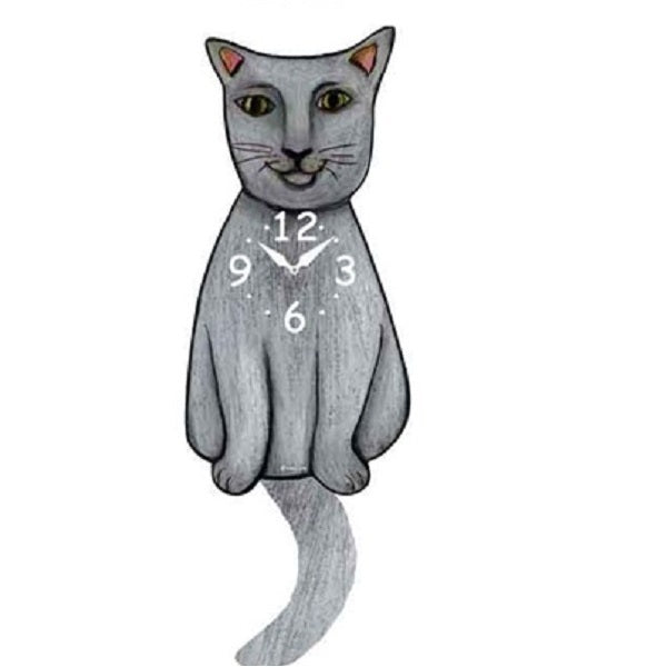 Grey Cat Wagging Pendulum Clock