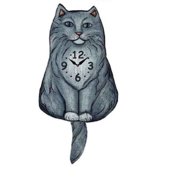Fluffy Grey Cat Wagging Pendulum Clock