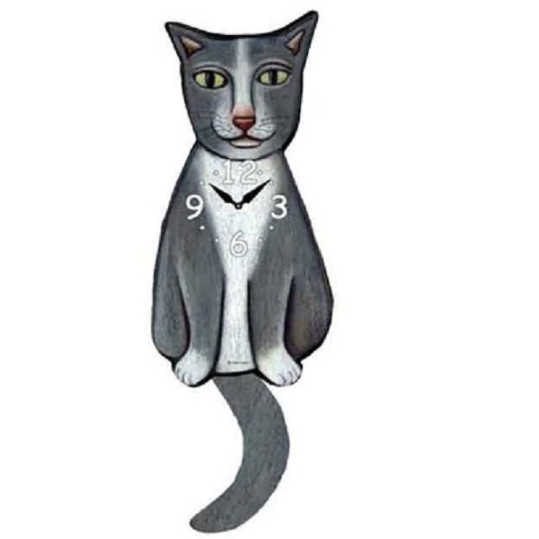 Grey Tuxedo Cat Wagging Pendulum Clock