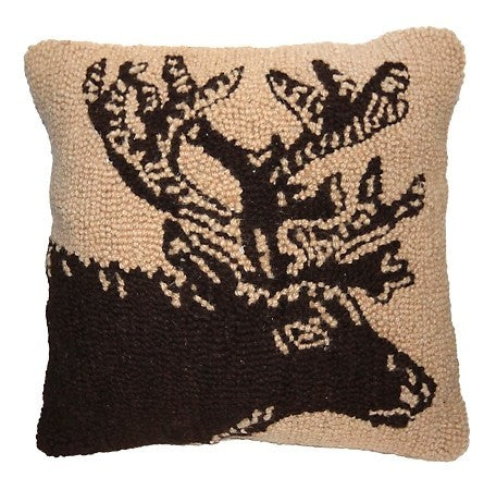 Woodcut Elk 18x18 Hooked Decorative Pillow
