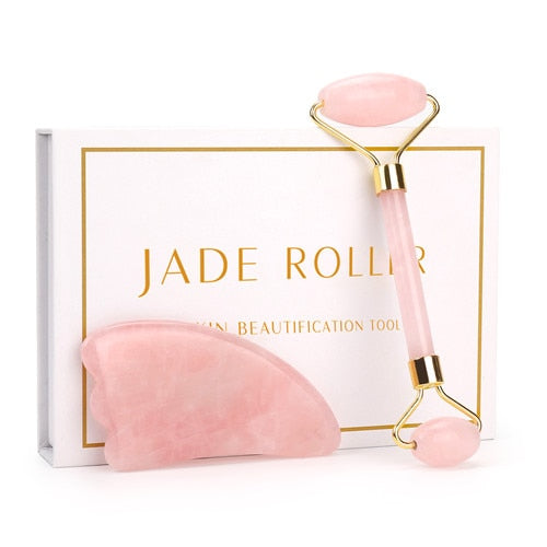 Jade Stone Rose Quarz Roller Gua Sha Set