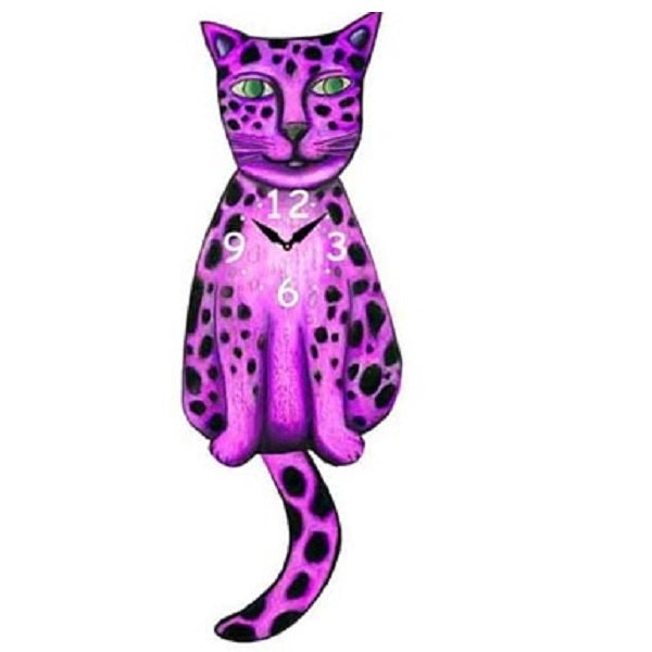 Purple Leopard Cat Wagging Pendulum Clock