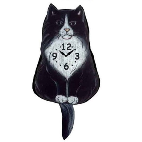 Fluffy Tuxedo Cat Wagging Pendulum Clock