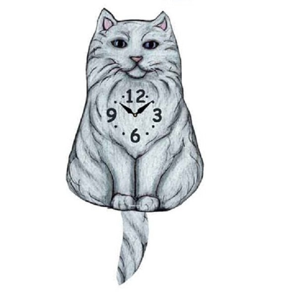 Fluffy White Cat Wagging Pendulum Clock
