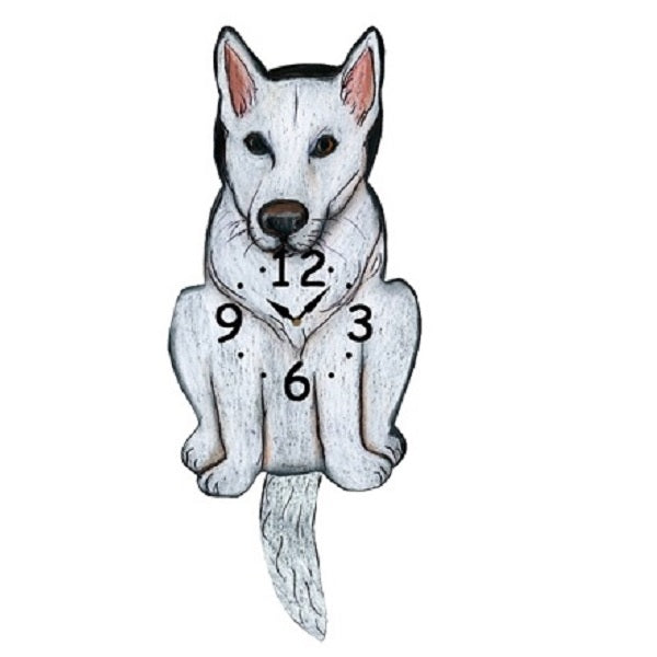 White German Shepherd Dog Wagging Pendulum Clock